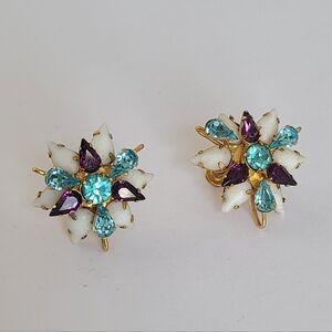 Vintage Mid Century Modern Gold Blue Purple Rhinestone Flower Clip On Earrings